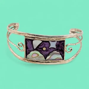 VINTAGE ALPACA SILVER CUFF BRACELET night sky purple enamel shell inlay bangle 6 - Picture 1 of 6