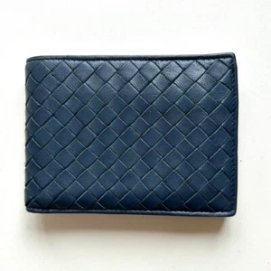 BOTTEGA VENETA Authentic Leather Bifold Wallet Intrecciato Navy Beautiful - Picture 1 of 10
