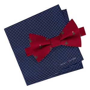 TOMMY HILFIGER Red Christmas Tree Self Bow Tie Pin Dot Pocket Square Silk Set - Picture 1 of 3