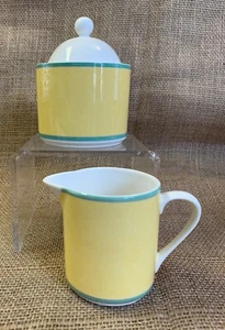 Fitz and Floyd CORRELATIONS Yellow White Lidded Sugar & Creamer Set Green Trim - Picture 1 of 9