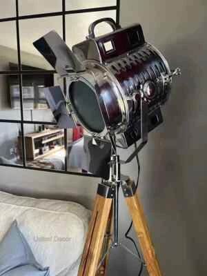 Lámpara de pie foco con trípode de madera de teca reflectores náuticos decoración del hogar Foto 1 de 4