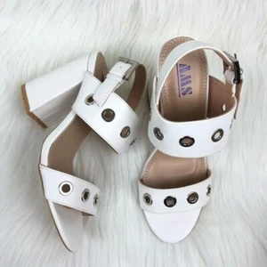 Women's AMS Sarah Silver Grommet Accent Slingback Block Heel Sandals White  7.5 - Picture 1 of 10