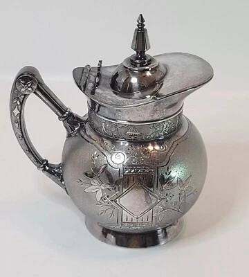 Vtg Aesthetic Movement Lidded Pitcher Engraved Pixies Leaves Tripleplate Rogers - Image 1 of 4