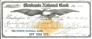 GIANT 1877 BURLINGTON VERMONT ABN BANK DRAFT w 6.5" WIDE EAGLE, GOLD U.S. 2c REV - Picture 1 of 1