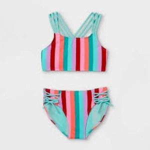 Girls L 10-12 Art Class Bright Rainbow Vertical Stripe Bikini Swimsuit Set - Picture 1 of 4