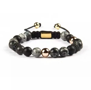 Schwarzer Onyx & Bild Jaspis CZ Rose Perlen Makramee Armband - Bild 1 von 8