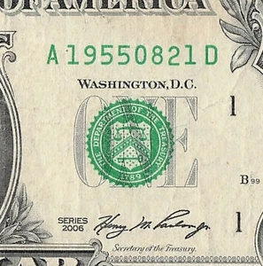 AUG 21 1955 Birthday Fancy Serial Number Date Note One Dollar Bill 08 21 1955 - Picture 1 of 11