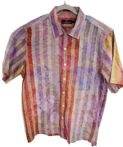 Bugatchi Uomo Shirt Mens Large Purple Orange Pink Striped Button Up Cotton Blend - Picture 1 of 7