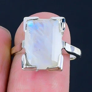 Rainbow Moonstone Faceted Gemstone Sterling Silver Trendy Cluster Ring Size 7.5 - Picture 1 of 7