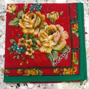ART YELLOW GOLD FLORA VINTAGE RED HANKY WOMAN POCKET SQUARE COTTON 17" #W277 - Picture 1 of 3