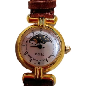 Relic Watch Women Gold Tone Moon Phase Leather Band New Battery! - Picture 1 of 5