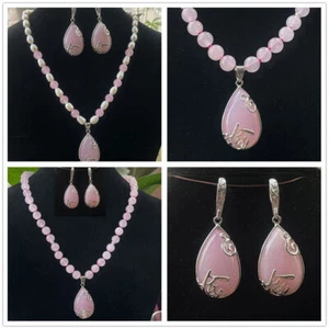 14-25" White Pearl /Pink Crystal Gem Beads Drop Pendant Necklace + Earrings Set - Picture 1 of 20