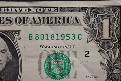 ONE DOLLAR FANCY BIRTHDAY/ANNIVERSARY NOTE  AUG 18, 1953  SN B 80181953 C - Image 1 of 3