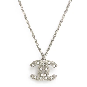 CHANEL Coco Cc Logo Rhinestone Resin Pearls Pendant Necklace , Silver AB7342 - Picture 1 of 6