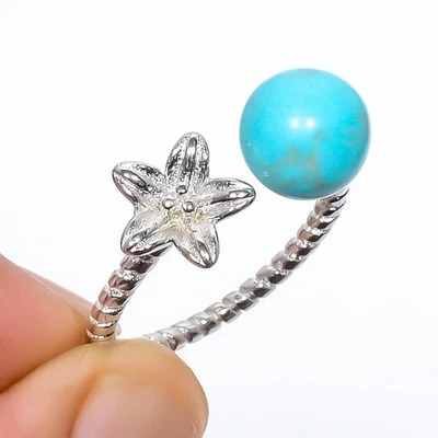Anuncio de anillo de flores de joyería enchapado en plata con piedras preciosas turquesa azul cobre (R115) Foto 1 de 3