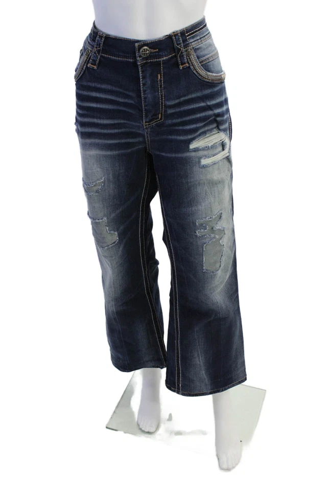 Pantalones de mezclilla para mujer Affliction Blake lavado oscuro desgastados pierna ancha azul talla 36 Foto 1 de 4