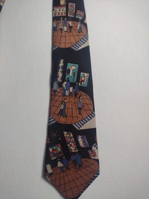 Classic Mens Windsor Necktie 59"X4" Brown Black Stairs People Abstract Shapes - Image 1 of 4