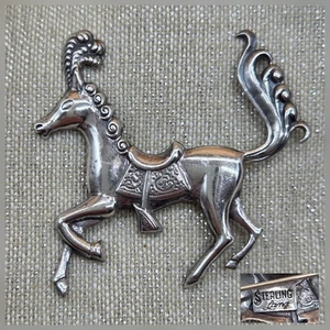 Vintage Lang Marked Sterling Silver 925 Prancing Carousel Circus Horse Brooch - Picture 1 of 10