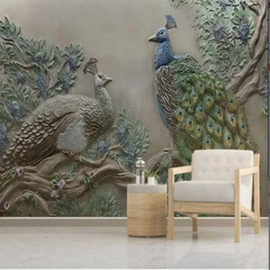Vlies Fototapeten Wandtapeten Wandbilder 3D Effekt Relief Baum Pfau 8042 - Picture 1 of 5