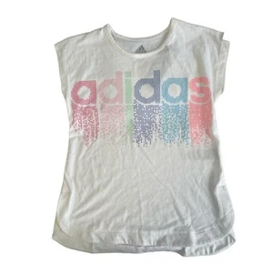 Girls Adidas Size 7/8 Shirt White with Adidas Dot Print on Front - Picture 1 of 1