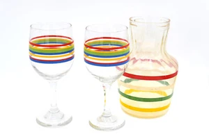 Vintage Libbey Fiesta Mambo Rainbow Stripe Stem 2 Wine Glass Pitcher Bar Ware - Picture 1 of 3