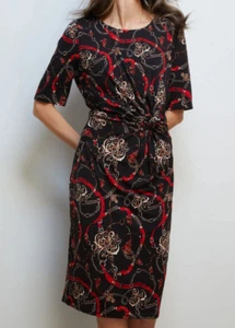 Midi Pencil Dress Size 16 Liz Jordan Stretch Elbow Sleeve Black Red Knot Waist - Picture 1 of 5