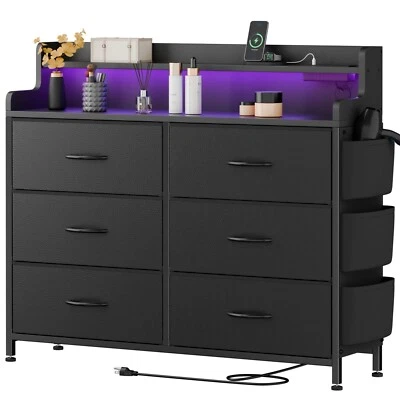 Dresser for Bedroom 6 Drawers with Charging Station LED Light Wood Top Black PU - Image 1 of 4