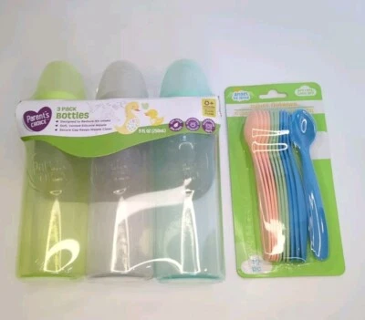 New 3 Pack 9 Oz Baby Bottles And 12 Pc Infant Flatware Parent's Choice See Pics - Image 1 of 4