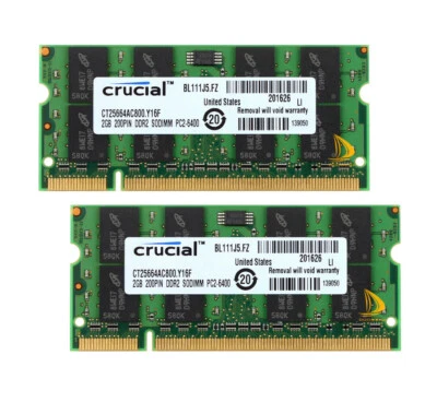 Crucial 2GB 4GB(2gbx2) 2RX8 PC2-6400S DDR2-800MHz 200p SODIMM RAM Laptop Memory - Image 1 of 3