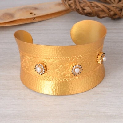 Pearl And Multi Zircon Gemstone Wide Cuff Bracelet Gold Plated Handmade Bangle - Image 1 of 4