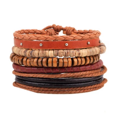 Multi-strand Stackable Bracelets, Wooden Beads Hemp Rope Coconut 5 strands set - Image 1 of 4
