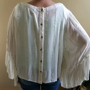 Stitch Fix Faith + Zoe Cream Gold Semi Sheer Womens Top Bell Sleeve Large RP $99 - Picture 1 of 7