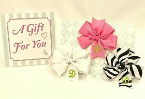 3 Personalized Hairbows Lot, Girls Monogram, white, Zebra, Candy Pink, Initial D