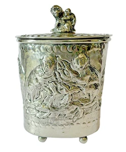Vintage Castilian Imports Silverplate Monkey Repousse Footed Tea Caddy Canister - Picture 1 of 12