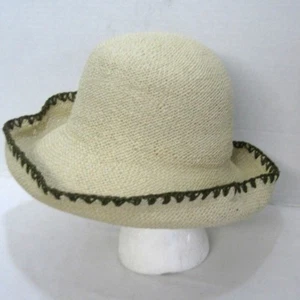 Cappello a secchiello in paglia intrecciata cucito cappello da spiaggia sole tesa larga con bordo marrone NUOVO - Foto 1 di 5