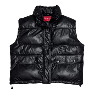 GUESS Faux Vegan Leather Black Designer Winter Puffer Parka Vest Womens XL - Picture 1 of 6