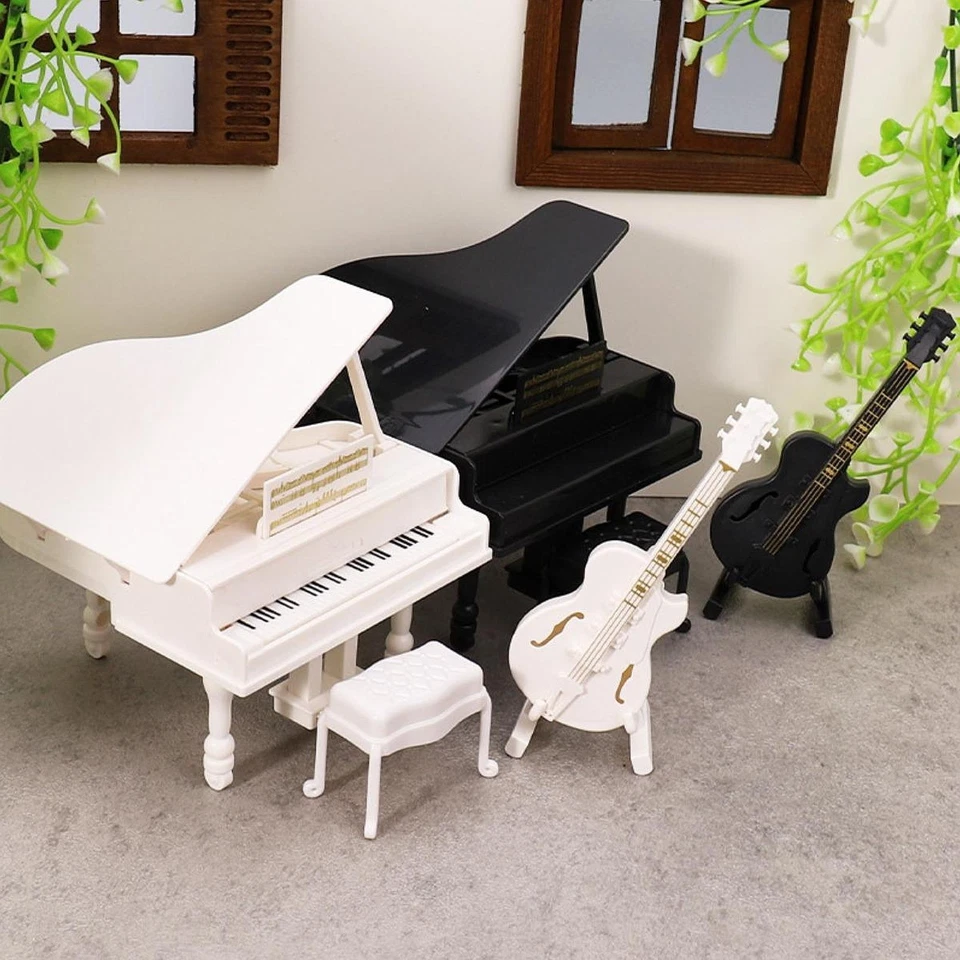 1/12 bambola chitarra per pianoforte con sgabello mini mobili per casa - Immagine 1 di 1