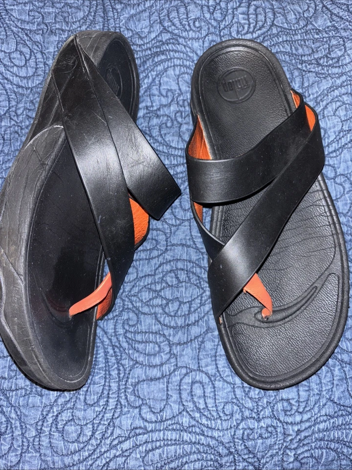 Chanclas Fitflop Hombre 11 EU 43 Sling Tanga Sandalia Cuero Negro Punta Roja Foto 1 de 4
