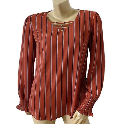 Camisa Top Túnica MAURICES Mujer Talla Pequeña Manga Larga Rayas Transparentes Ojo de Cerradura Foto 1 de 4