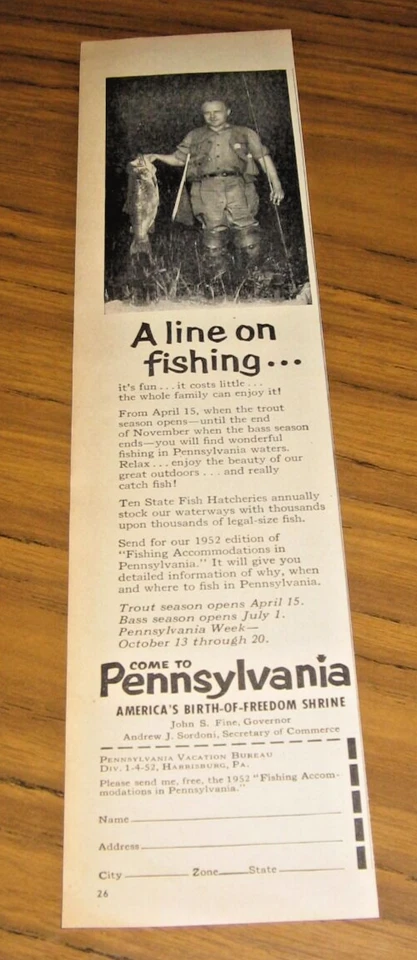 1952 Печатная Реклама Бюро Отпусков Пенсильвания Рыбак и Огромная Рыба Рыбалка - Изображение 1 из 1