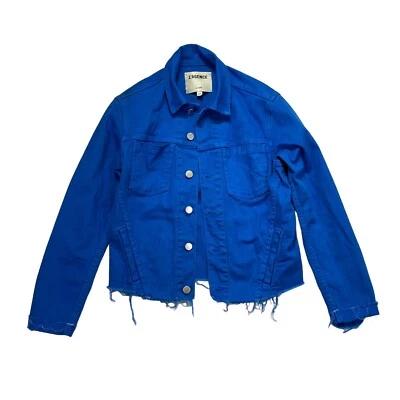 Chaqueta de mezclilla Janelle elástica con dobladillo crudo azul cobalto talla pequeña L'Agence para mujer Foto 1 de 4