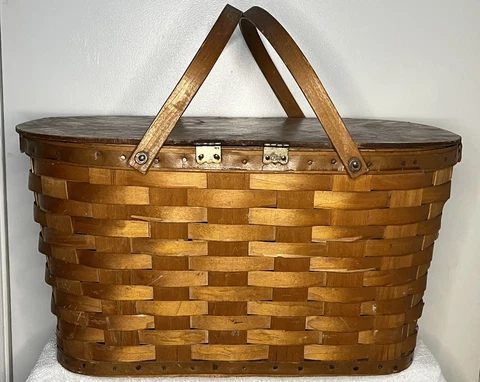 Large Woven picnic basket wooden fun collectable old school family outdoors Cover