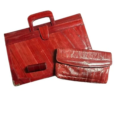 Conjunto de cuero de piel de anguila maletín adjunto cartera soporte lápiz labial vintage Foto 1 de 4