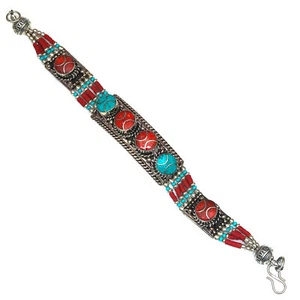 Coral Red Tibetan Gemstone Nepali Turquoise Bracelet Handmade - Picture 1 of 10