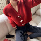Womens Short Knitted Knitwear Cardigan Sweater Coat V Neck Bowknot Loose Fit
