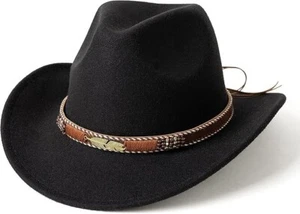Black Western Cowboy Cowgirl Hat – Gold Feather Braid Band, Felt, Men Women - Picture 1 of 4