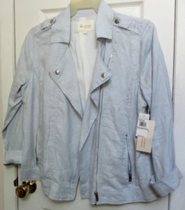 NUOVO CON ETICHETTE ~ 2 BY *VINCE CAMUTO * GIACCA MOTO DONNA CHAMBRAY "100% LINO" CERNIERA ANTERIORE ~ 1X - Foto 1 di 12