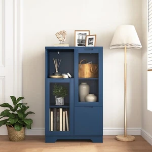 Wooden Floor Cabinet with 2 Glass Doors and 2 Storage Space,Blue Living Room - Picture 1 of 12