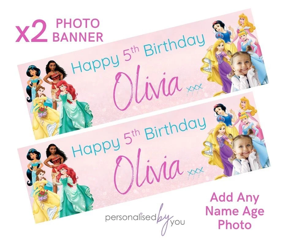2x FOTO PERSONALIZADA Banner de cumpleaños de princesas Disney GRANDE Niños Fiesta Póster Foto 1 de 1