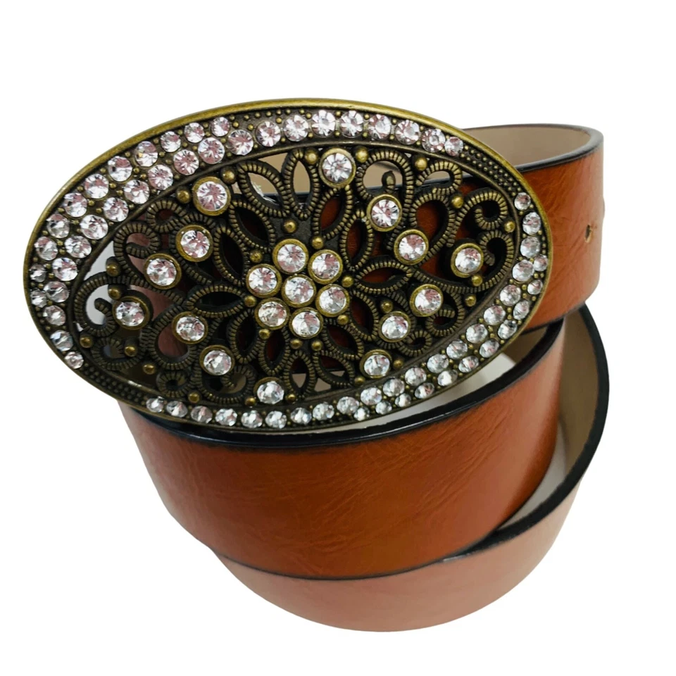 Colete de cowgirl costeiro Style Co marrom couro sintético tamanho XL oval fivela de strass - Imagem 1 de 4